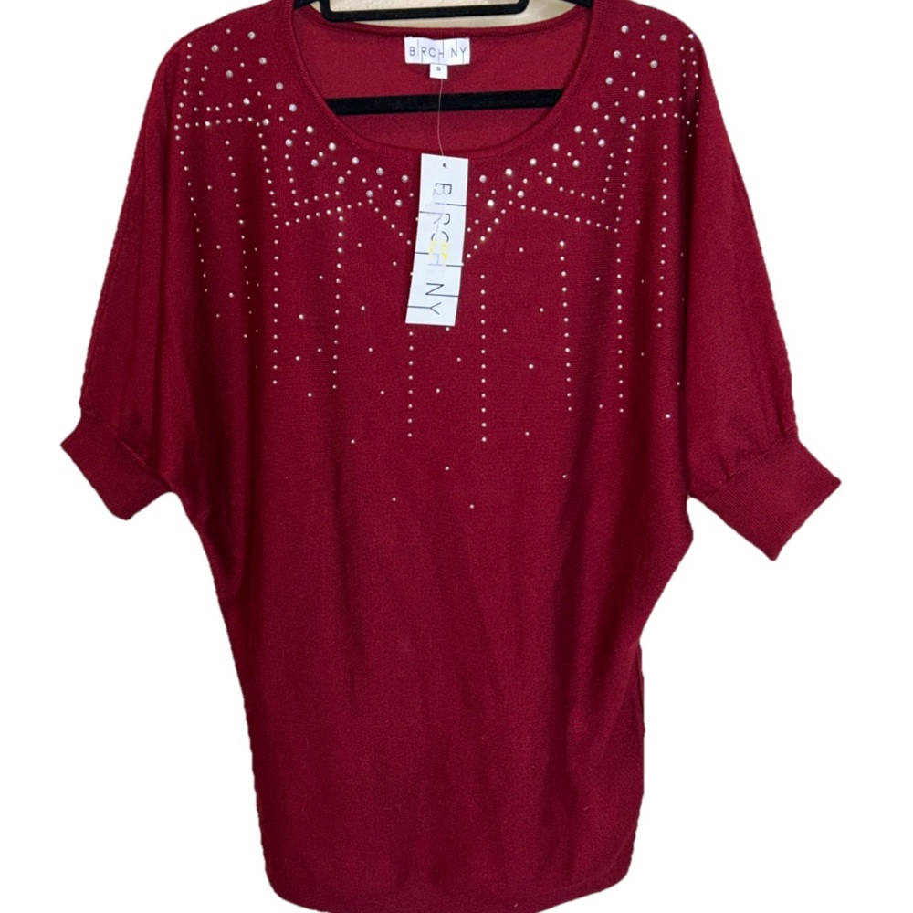 BIRCH NY EMBELLISHED SWEATER PULLOVER SOFT AND STRETCHY WOMENS BURGUNDY WINE